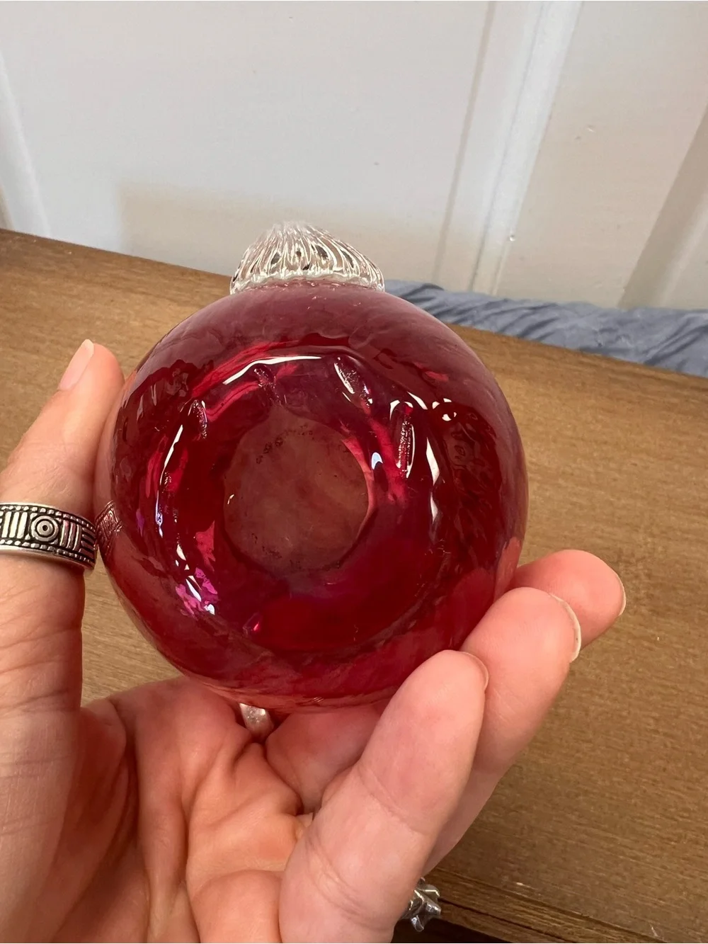 Handblown Cranberry Glass Creamer Pitcher with Clear Handle
